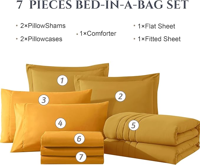 Monbix Full Comforter Set - 7 Pieces Bright Yellow Bed in a Bag Full Size Bedding Sets with Comforters, All Seasons Comforter with Sheets, Pillowcases & Shams