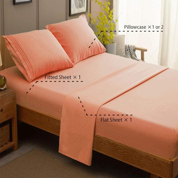 SONORO KATE Bed Sheet Set Super Soft Microfiber 1800 Thread Count Luxury Egyptian Sheets 16-Inch Deep Pocket，Wrinkle and Hypoallergenic-4 Piece (Coral, Queen)