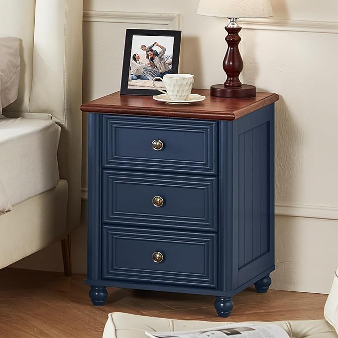 RWYHG 18" Farmhouse Night Stand, Blue Wood Nightstand with 3 Drawers, Bedside End Table with Storage and Roman Column, Bed Side Tables Cabinet for Bedroom, Living Room, and Closet