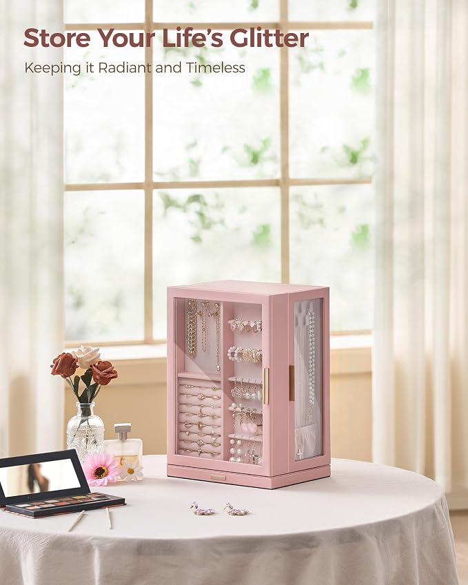 Glimmloop 360° Rotating Jewelry Box with 7 Drawers, Spacious Vertical Jewelry Organizer with Glass Window, Jewelry Storage Case, Dustproof & Moisture-resistant Design, Pink - Image 2