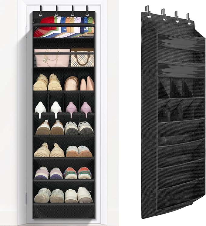 FENTEC 1 Pack 8 Shelves Over The Door Shoe Organizer, 68" Exlarge Deep Pockets Hanging Shoe Organizer, Shoe Rack for Closet, Shoe Holder for Boots,Over Door Organizer in Home, RV, Dorm, Black by Fentec