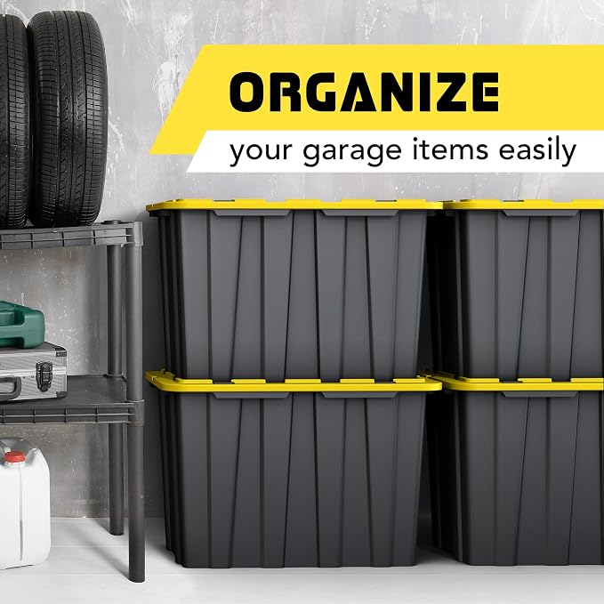 4 PACK X-Large Black & Yellow Storage Bins | Plastic Tote Organizing Container with Secure Latching Lids, Stackable, Extra Strength with Built in Handle | Black and Yellow Bins | 24.5" x 16.5" x 16.6" - Image 5