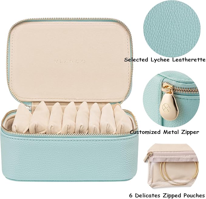 VLANDO Travel Jewelry Box Organizer – Portable PU Leather Jewelry Case with 6/8/12 Zippered Pouches, Compact Storage for Earrings Rings Necklaces Bracelets, Aqua Blue - Image 6