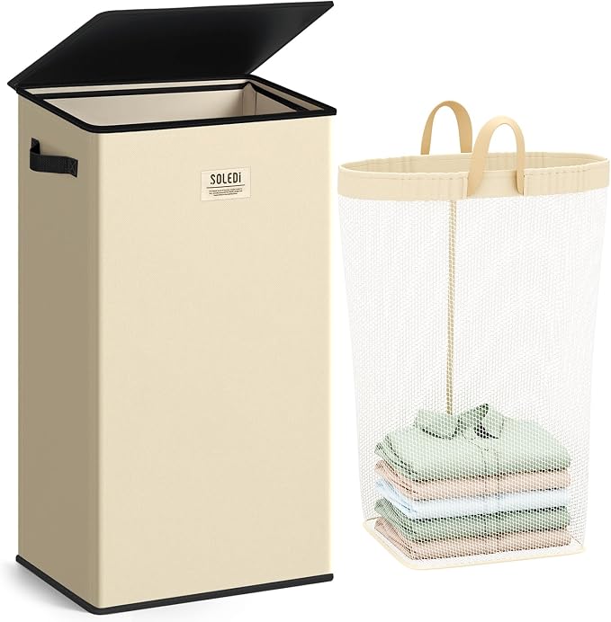 SOLEDI Laundry Hamper with Lid 100L Large & Tall Collapsible Laundry Basket, Clothes Hamper with Bag Removable Easy to Carry, Dirty Hampers for Bedroom, Bathroom, Dorm, College, Beige by SOLEDI