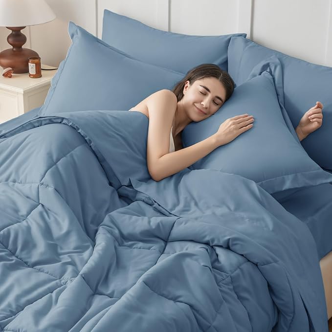 JOLLYVOGUE Twin XL Comforter Set, Ultra-Soft Bed in a Bag Twin XL Size 5 Pieces, Oeko-TEX Certified Bedding Set with Down Alternative Comforter, Sheets, Pillowcases & Shams, Dusty Blue