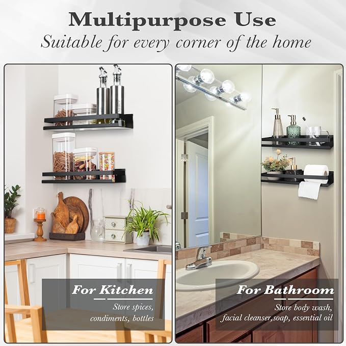 Lallisa 2 Pieces Stainless Steel Shelf Bathroom Shower Floating Shelves Wall Mounted Shower Caddy Basket Shelf Storage Organizer Shelves for Bathroom, Kitchen, Living Room(11.81 Inch/ 30 cm,Black) - Image 6