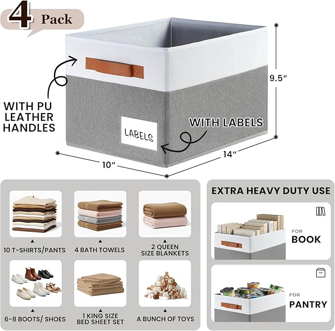 Criusia Large Closet Storage Baskets for organizing 4 Pack, Non-Dust-Absorbing Closet Shelf Organizer Bins with Handles & Labels - Decorative Collapsible Baskets for Living Room Bedroom Nursery Dorm - Image 3