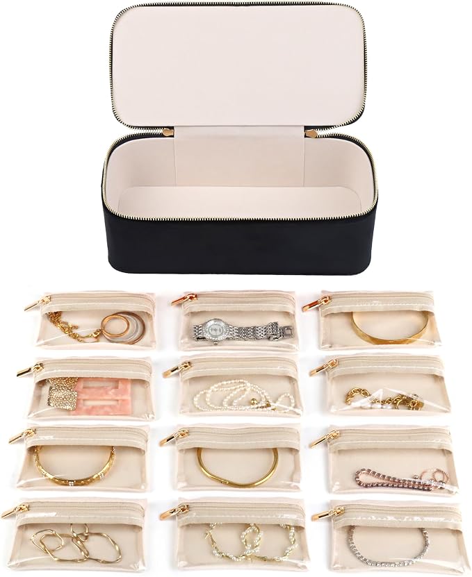 HofferRuffer Jewelry Box Organizer for Women Girls, Travel Jewelry Case with Portable Zipper Bags, Jewelry Storage Ideal for Travel & Home Organization (12pcs-Black Velvet) - Image 4