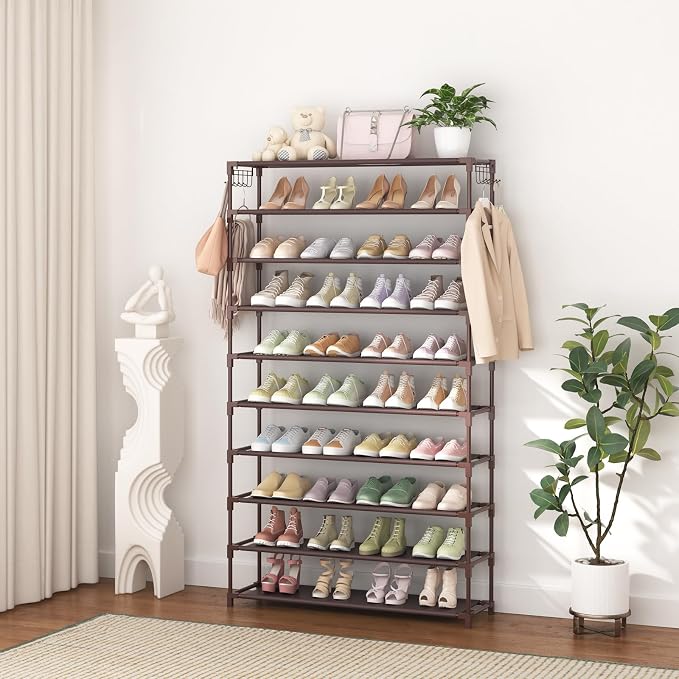 LANTEFUL 10 Tiers Shoe Rack 50 Pairs Large Capacity Tall Shoe Organizer Sturdy Shoe Storage with Two Hooks Space Saving Metal Wide Shoe Rack for Closet, Entryway, Bedroom, Brown - Image 7