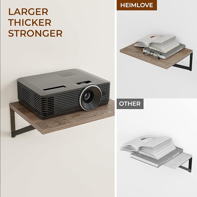 Heimlove Deep Floating Shelves for Wall, 12 Inch Deep Floating Shelves Set of 3, 16W x 12D Wood Wall Shelves, Wide Wood Shelves with Metal Bracket for Living Room, Kitchen, Office, Bedroom - Grey - Image 5