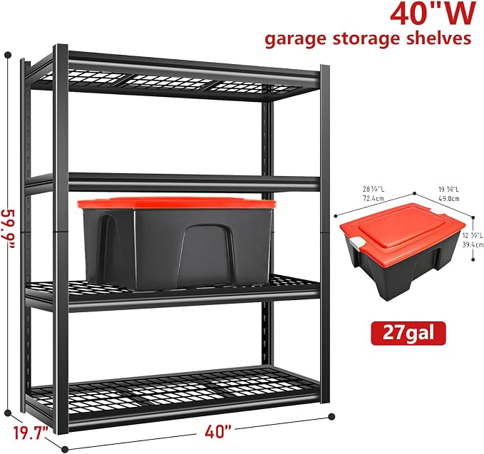 40W Garage Storage Shelves,2200LBS Metal Storage Shelves,Adjustable Heavy Duty Metal Garage Shelving Units Industrial Shelving for Garage,Basement,Warehouse,19.6" D x 39.37" W x 59.84" H - Image 2