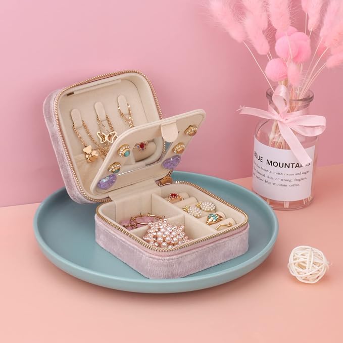 DesignSter Travel Jewelry Box - Velvet Mini Jewelry Organizer, Small Jewelry Case for Girls Women, Jewelry Storage Box for Rings Earrings Necklace (Square, Lotus Pink) - Image 6