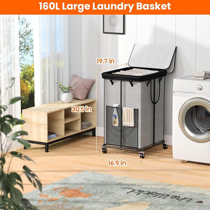 160L Laundry Hamper with Lid, Rolling Laundry Basket with Wheels, Large & Tall Dirty Clothes Hamper with Metal Frame and Removable Bag for Bedroom Aesthetic, Laundry Room, Bathroom, Dorm-Grey - Image 2