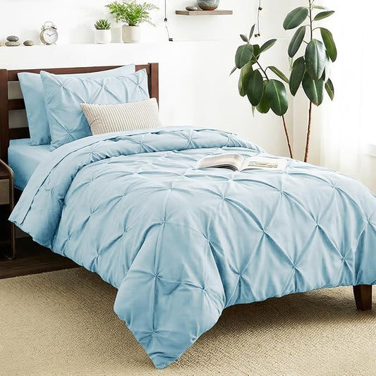 CozyLux Twin XL Comforter Set Light Blue, 5 Pieces Twin Extra Long Pintuck Bed in A Bag for College Dorm, Pinch Pleat Bedding Set with Comforter, Sheets, Pillowcase & Sham