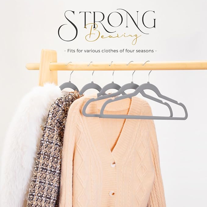 HOUSE DAY Premium Velvet Hangers 100 Pack Grey, Non-Slip Flocked Felt Hangers, Sturdy Clothes Hanger with 360° Rotatable Hook, Heavy Duty Durable Slim Coat Hanger for Closet Space Saving - Image 6