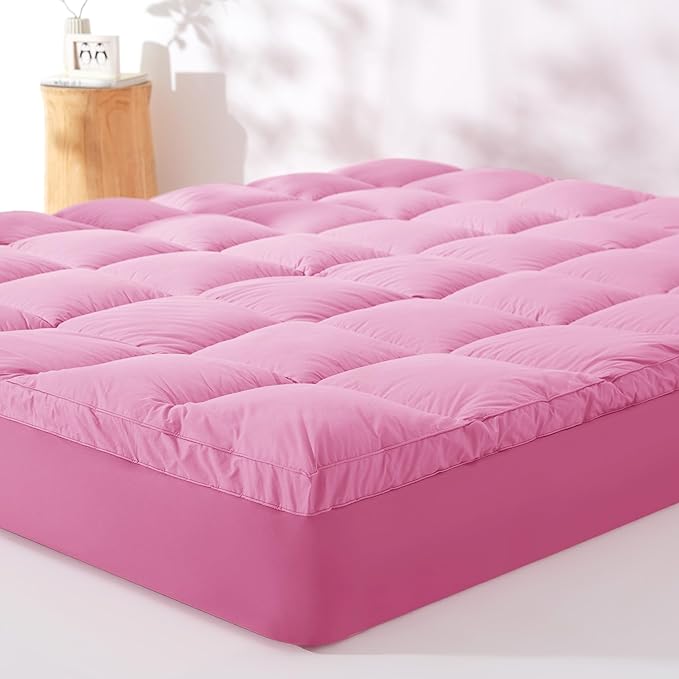 KUB Cal King Cotton Mattress Topper, Breathable Pillow Top with 8-21 Inch Deep Pocket, 3D Snow Down Alternative Fill, Fluffy College Dorm Mattress Pad Cover (Pink, California King 84 * 72inch)