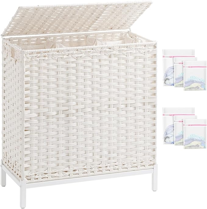 SETVSON Laundry Hamper with Lid 132 L, (35 Gallons) Clothes Hamper with Lid, Handwoven Rattan Laundry Hamper with Metal Heightened Feet, Laundry Hampers with 3 Removable Liner Bags for Laundry-White by SETVSON
