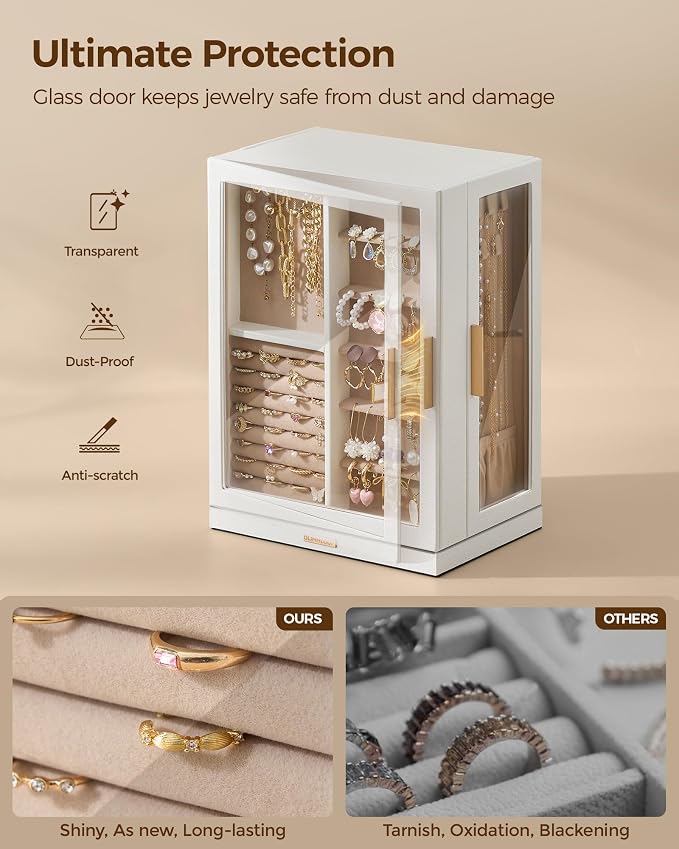 Glimmloop 360° Rotating Jewelry Box with 7 Drawers, Spacious Vertical Jewelry Organizer with Glass Window, Jewelry Storage Case, Dustproof & Moisture-resistant Design, White - Image 3