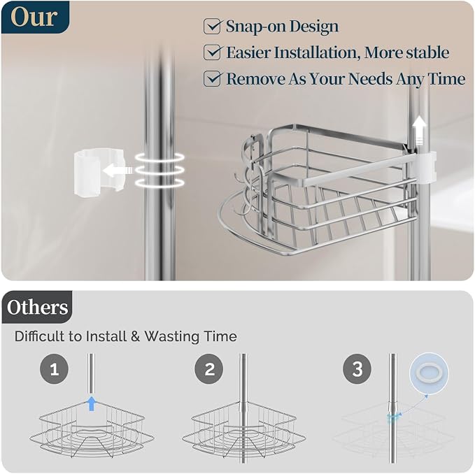 Consumest Corner Shower Caddy Tension Pole - Rustproof Shower Shelves with Towel Bar & Soap Holder, Adjustable Bath Organizer for Bathroom Storage, 27.6-108.3 inch, Silver - Image 4