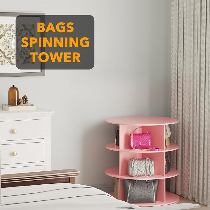 SpaceAid 3 Tier Rotating Shoe Rack Tower, Spinning Shoe Display Lazy Susan, Revolving 360 Shoe Rack Storage Round Carousel, Vertical Handbag Rotate Shoes Closet Organization (3-Tier Pink) - Image 5