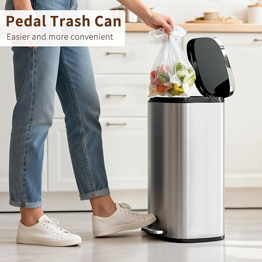 PayLessHere Trash Can with Lid, 13 Gallon (50L) Stainless Steel Kitchen & Office Recycling Bin with Foot Pedal Soft Close & Inner Bucket - Image 2