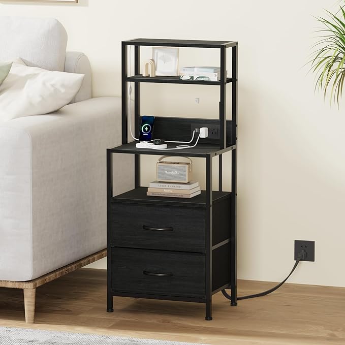 Furnulem Night Stand, Tall Nightstand with 4-Tier Shelves, 2 Fabric Drawers and Light Tube, Bed Side Tables with Charging Station, Bedside Table for Bedroom, Office, Black Oak | 4-Tier Shelves, 2 Fabric Drawers, Light Tube, Bed Side Tables, Charging St...