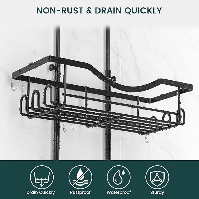Shower Caddy Hanging Adjustable Shower Caddy, Rustproof Shower Organizer Extended Length Shower Caddies Over Shower Head with Hooks Soap Holder, Large Capacity Anti-Swing Bathroom Storage, Black - Image 3