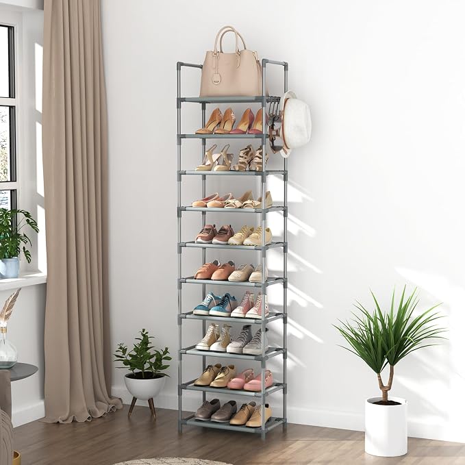 LANTEFUL 10 Tiers Tall Shoe Rack 20-25 Pairs Boots Organizer Storage Sturdy Narrow Shoe Shelf for Entryway, Closets with Hooks, Grey - Image 7