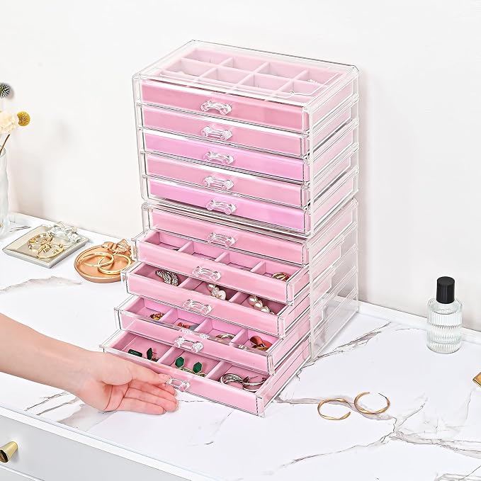 ProCase Earring Holder Organizer Jewelry Box with 10 Drawers, Acrylic Clear Earring Case with Adjustable Velvet Trays for Women - Pink, 10 Layers - Image 3