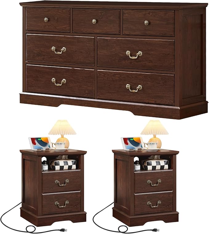 Farmhouse Dressers & Night Stand Set,54" Wide 7 Drawer Dresser & 45" Tall Chest of Drawers, 18" Wide 2 Drawers End Table with Charging Station,Furniture Dresser Sets for Home