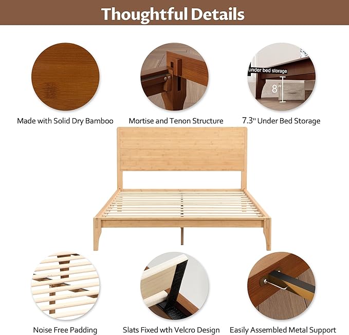 Merax Queen Size Bamboo Platform Bed, Mid-Century Modern Bed Frame with Tall Headboard, Solid Sustainable Bedframe Queen-Size, Wood Slat Support, No Box Spring Needed, Easy Assembly, Natural