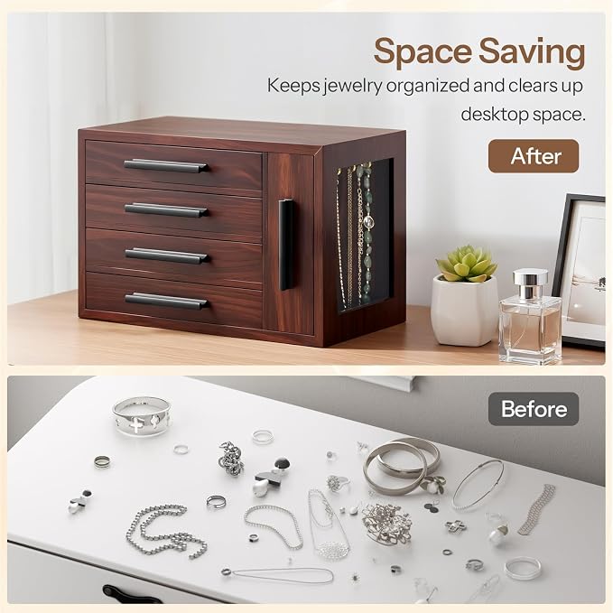 HOOBRO Jewelry Box for Women, Wooden Jewelry Organizer with Transparent Window, 4-Layer Jewelry Organizer Box, Jewelry Holder Organizer for Earrings, Necklaces, Rings, Dark Walnut and Black BRT09JB04 - Image 6