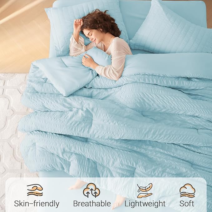 MUXHOMO 7 Pieces California King Comforter Set, Seersucker Bed in a Bag Cal King Size, All Season Luxury Bedding Set with Comforter, Flat Sheet, Fitted Sheet, Pillowcases & Shams, Lake Blue