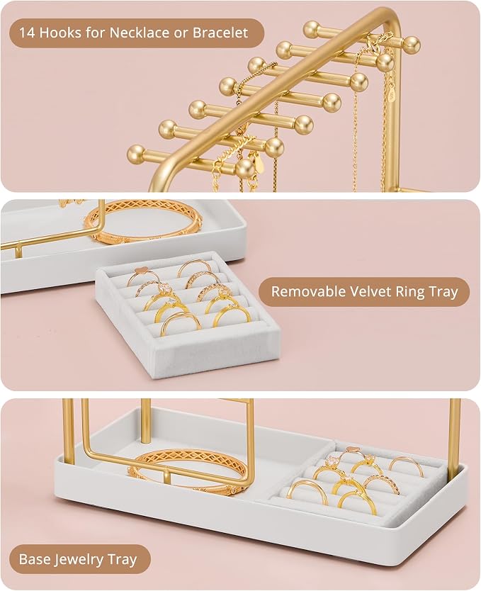 ProCase Jewelry Stand Holder Organizer, Jewelry Display Storage with Ring Tray, Rotating Earring Bracelet Necklace Holder, Valentine's Gifts Room Dorm Decor for Teen Girls -Gold (No-Assembly) - Image 6