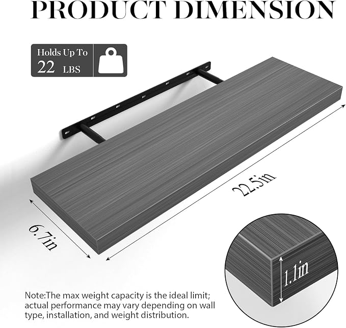 BAYKA Grey Floating Shelves for Wall 22.5 inch, Wall Mounted Shelf for Bedroom, Living Room, Kitchen – Wood with Hidden Metal Brackets, 22LBS Capacity, 6.7” Deep – Storage for Books, Plants, Decor - Image 3