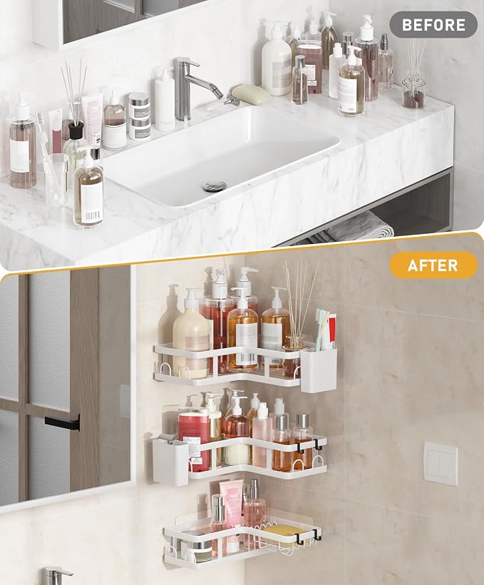 3 Pack Corner Shower Caddy Organizer, Rustproof Corner Shower Shelves, No Drilling Bathroom Corner Shelf with Hooks and Toothpaste Holder - Image 6