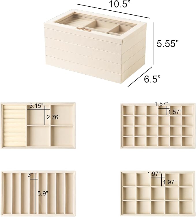 Frebeauty Stackable Jewelry Trays, Velvet Drawer Jewelry Organizer with Glass Lid,5 in 1 Multi-Functional Jewelry Storage for Earrings Necklaces Rings, 10.5 x 6.5 x 5.55 Inches Gift for Women(Beige) - Image 3