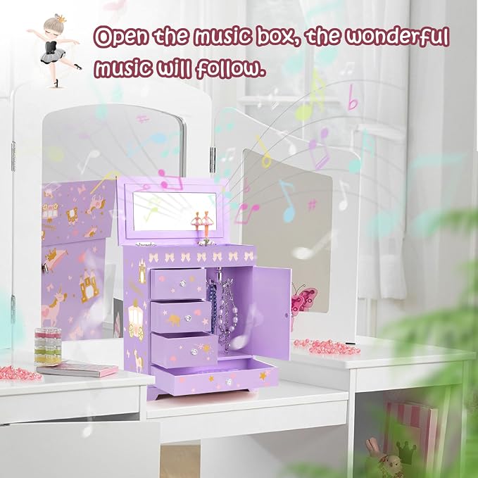 Large Jewelry Box for Girls 5-Layer Music Box with Swing Door Spinning Ballerina Unicorn Necklace & Bracelet Set Children Jewelry Organizer for Girls Kids Birthday Christmas Gift Purple - Image 5
