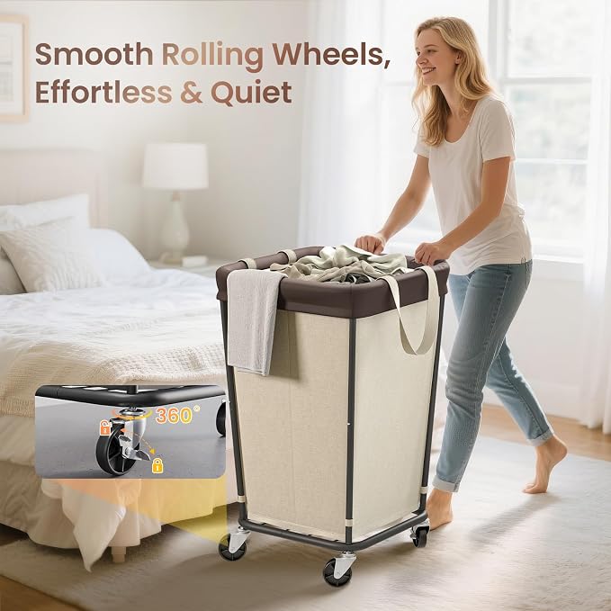 160L Laundry Basket with Wheels, 2-section Rolling Laundry Basket, Large Laundry Hamper with Wheels, Rolling Laundry Hamper Clothes Hamper for Home, Bathrooms and Dorm(Beige) - Image 2