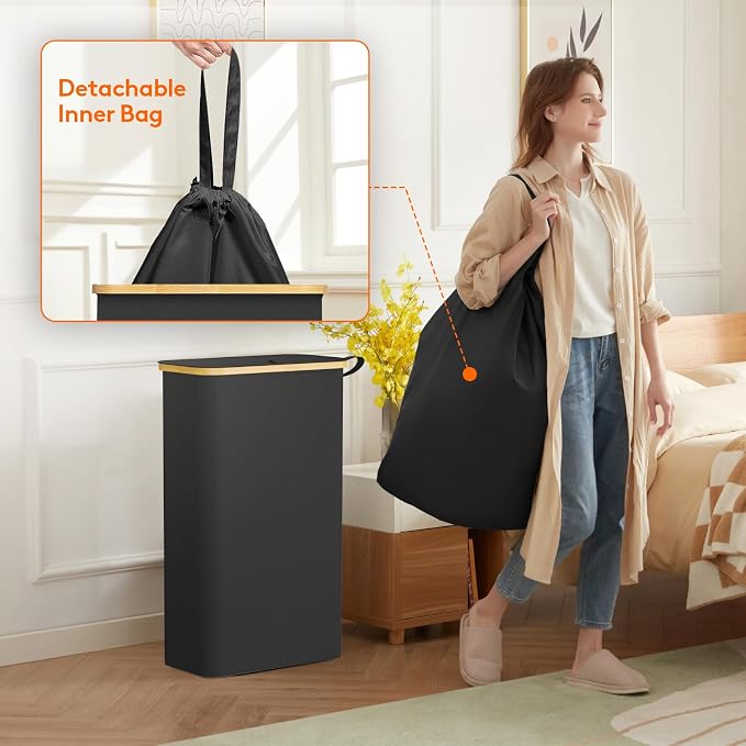 Lifewit 65L Slim Laundry Hamper with Lid, Narrow Laundry Basket with Removable Bag & Bamboo Handles, Fodable Thin Dirty Clothes Hamper for Laundry Collapsible Bin for Bathroom Bedroom Dorm, Black - Image 4