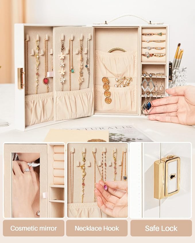 Enthralite Large Travel Jewelry Case: Portable Jewelry Box with Mirror - PU Leather Small Jewelry Organizer for Rings Earrings Necklaces Bracelets - Birthday Gift for Her - Image 5