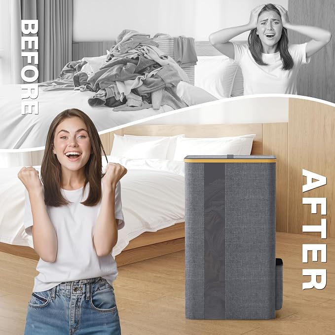 BlissTotes Laundry Basket with Lid, 100L Clothes Laundry Hamper with Handles and Removable Laundry Bag, Breathable Design Hamper with Lid for Bedroom, Bathroom, Dorm, Laundry Room - Light Grey - Image 6