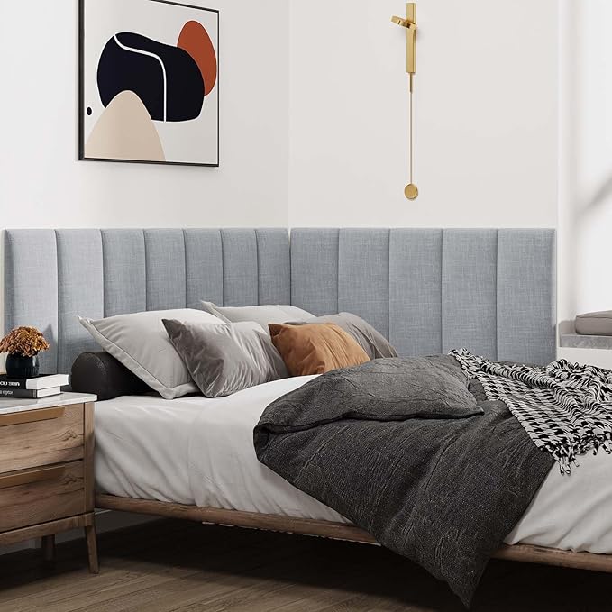 IFNOW Upholstered Wall Mounted Headboard, 3D Soundproof Wall Panels Peel and Stick for Queen Size, Reusable and Removable Tufted Bed Headboard in Light Grey (9 Panels, 10" x 24")
