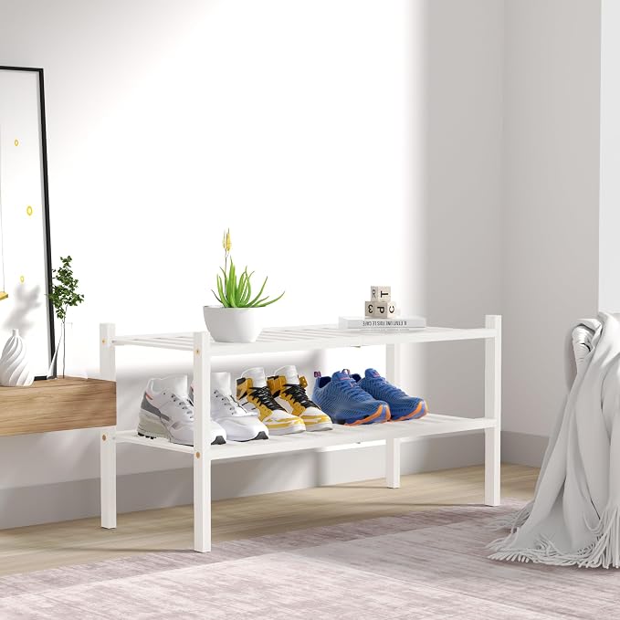 ROMGUAR CRAFT 2 Tier Bamboo Shoe Rack for Closet Free Standing Wood Shoe Shelf for Entryway Small Space Stackable 27"x11"x13" (White) - Image 7