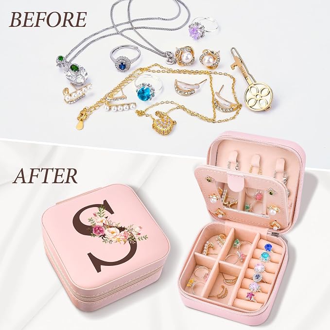 Inngeroo Mothers Day Mom Gifts for Wife Daughter Grandma, Travel Jewelry Case Box Organizer, Personalized Gifts for Women Teen Girls Mom Aunt Sister, Bridesmaid Gifts Traveling Essentials, Initial S - Image 5