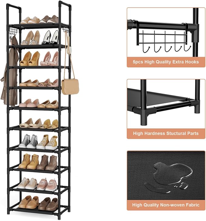 LANTEFUL 10 Tiers Shoe Rack 25 Pairs Large Capacity Tall Shoe Organizer Sturdy Shoe Storage with Two Hooks Space Saving Metal Narrow Shoe Rack for Closet, Entryway, Bedroom, Black - Image 4
