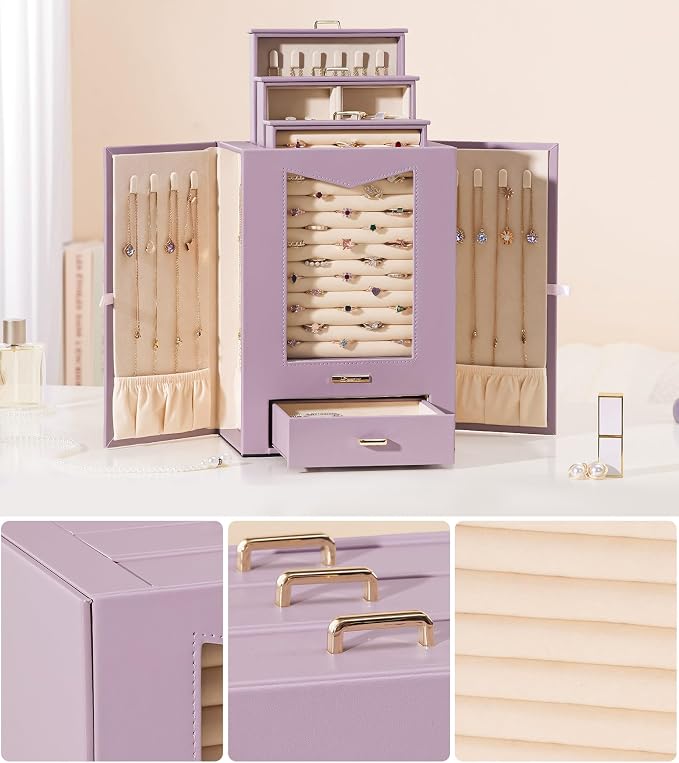 Homde Jewelry Organizer with Transparent Window Necklace Hooks Gift for Women Jewelry Box Display Case for Necklaces Rings Earrings Bracelets and Other Accessories (Grey Purple) - Image 7
