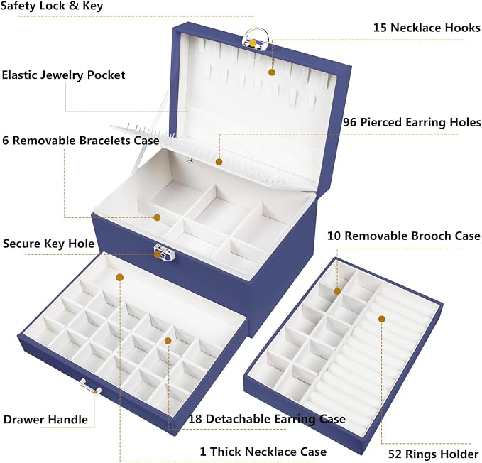 QBestry Earring Jewelry Box for Women Girls Stud Organizers, 5 Layers Navy Jewelry Organizer Box with Lock Necklaces and Earrings Holder Jewelry Box with Earring Organizer for Women Girls Xmas Gifts - Image 7