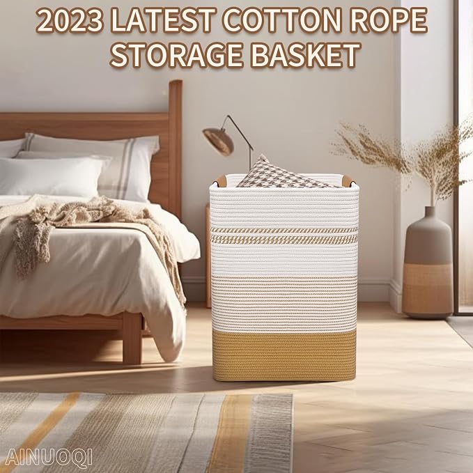Large Laundry Hamper Basket, 85L Cotton Rope Woven Storage Bin for Blankets, Dirty Clothes Toys, Decorative Tall Basket with Leather Handles for Living Room, Bedroom, Bathroom, Nursery, Jute - Image 5