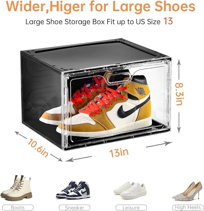 Amllas New 8 Pack Shoe Boxes Stackable, Large Shoe Storage Organizer with Lids,Drop Side Shoe Containers for Entryway,Sneaker Storage Fit up to US Size 13 for Men/Women(13’’x 10.6”x 8.3”) - Image 5